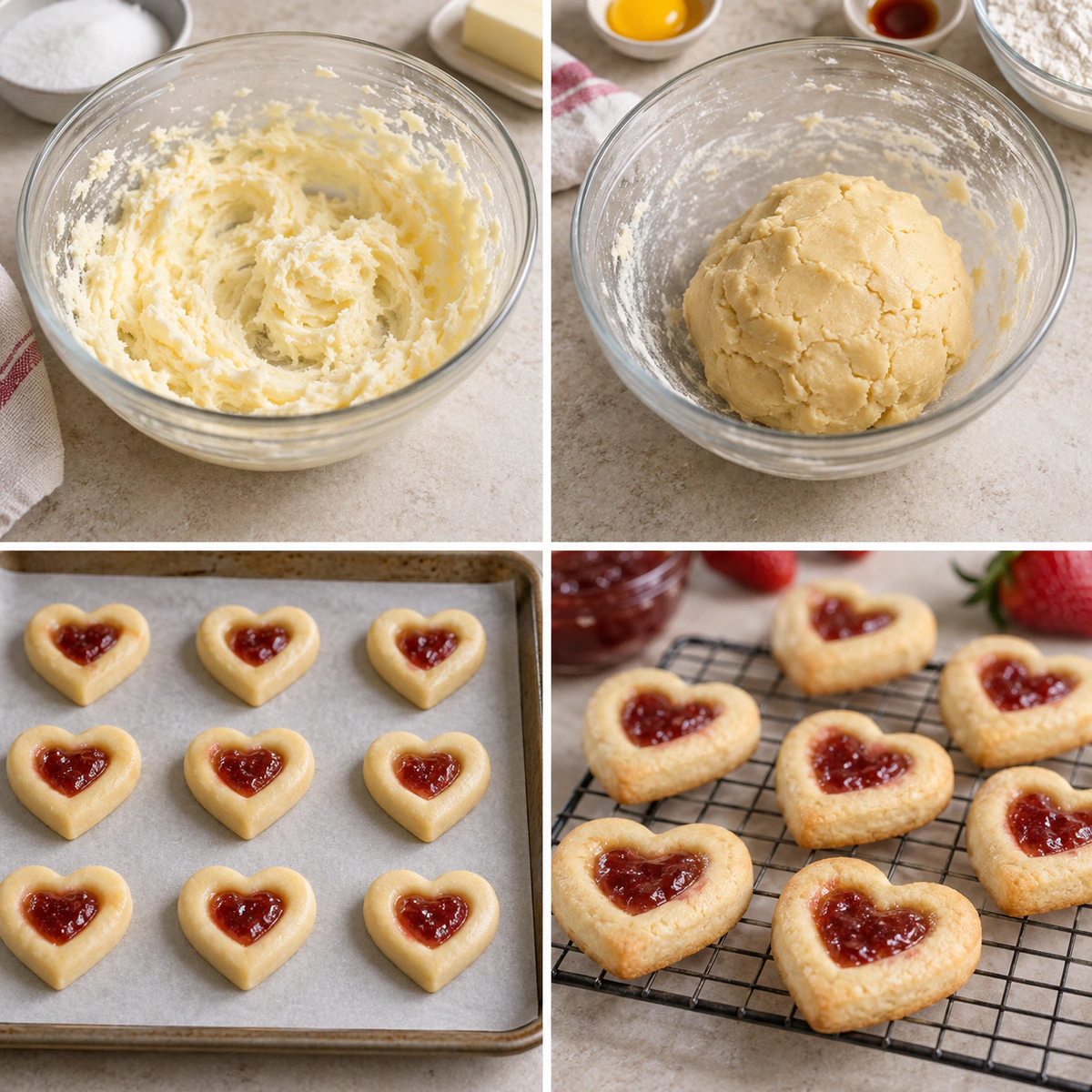 Four chronological preparation stages for Heart-Shaped Thumbprint Cookies for Valentine's