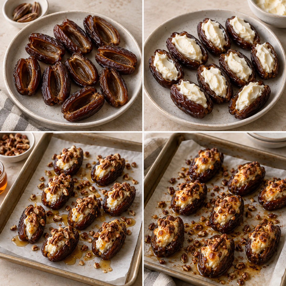Four chronological preparation stages for Mascarpone Stuffed Dates with Maple