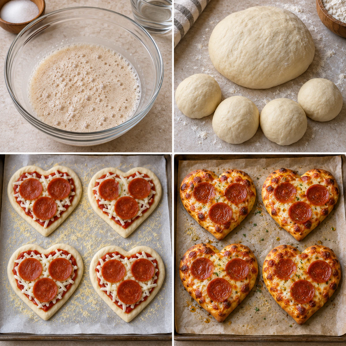 Four chronological preparation stages for Mini Heart Pizzas