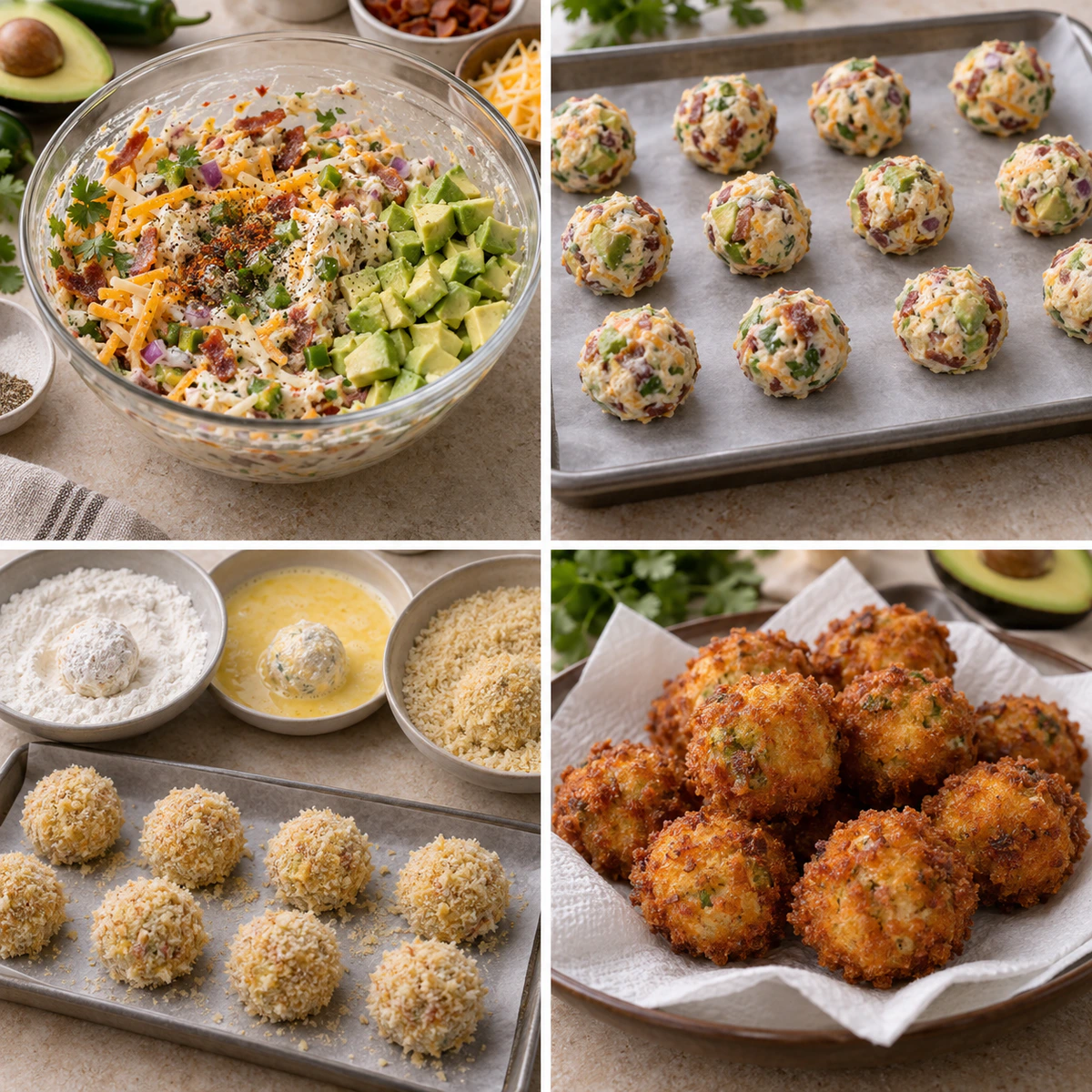Four chronological preparation stages for Avocado Bacon Bites