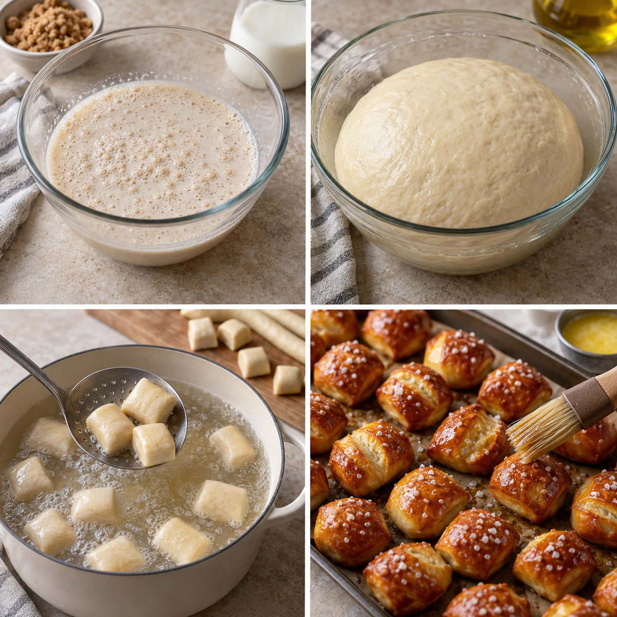 Four chronological preparation stages for Buttery Soft Pretzel Bites