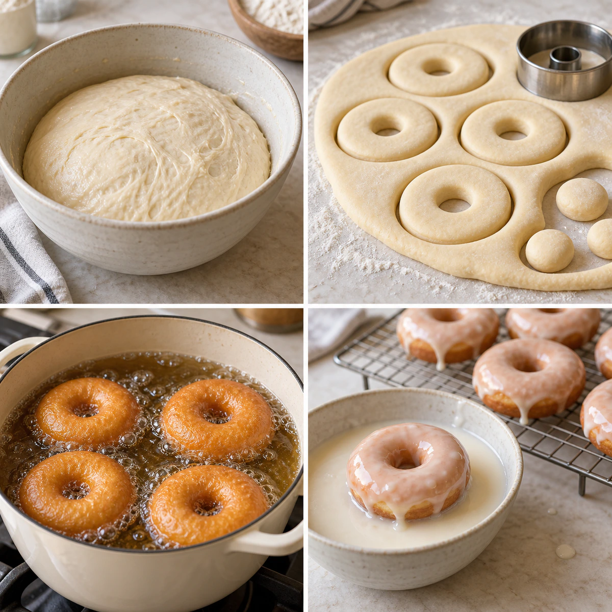 Four chronological preparation stages for Glazed Sourdough Donuts
