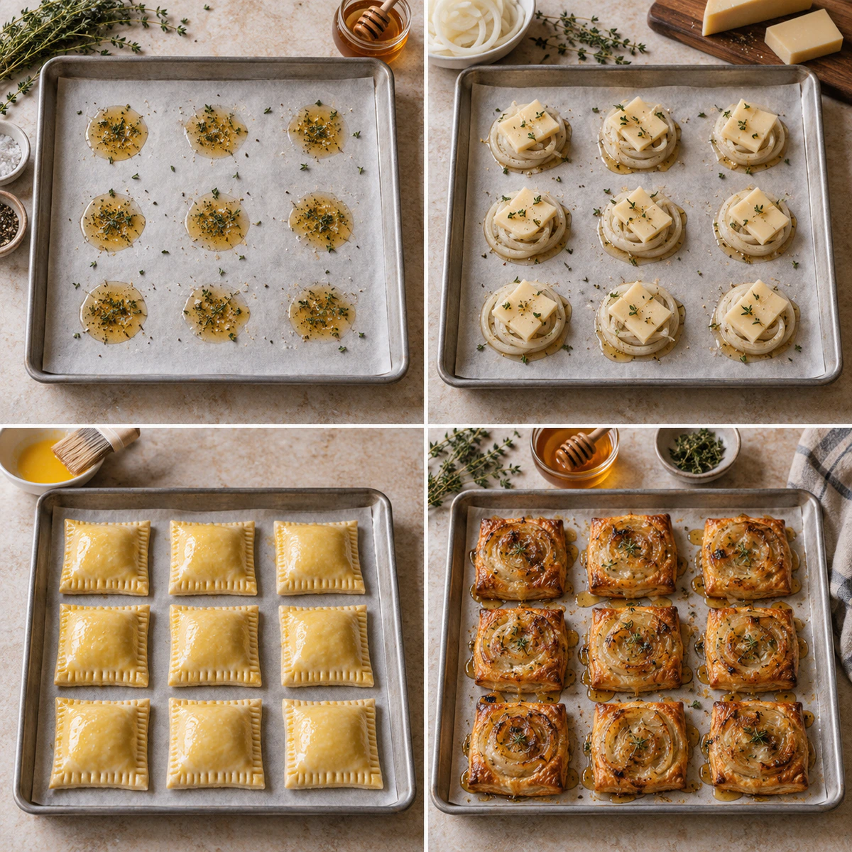 Four chronological preparation stages for Onion Gruyere Tarts