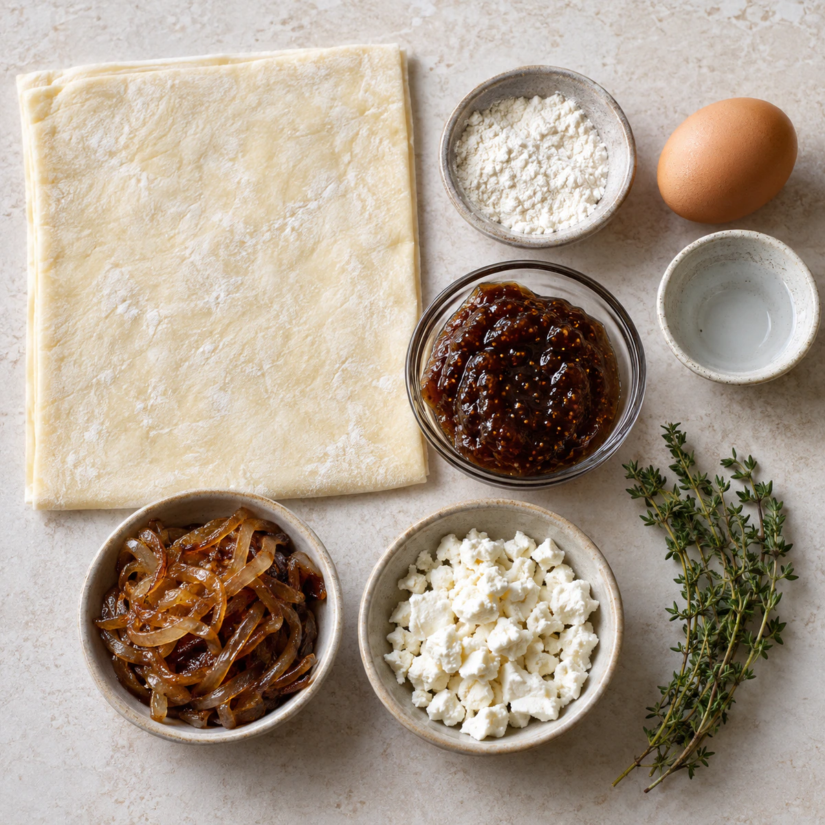 Exact measured ingredients for Goat Cheese and Fig Puff Pastry Tarts