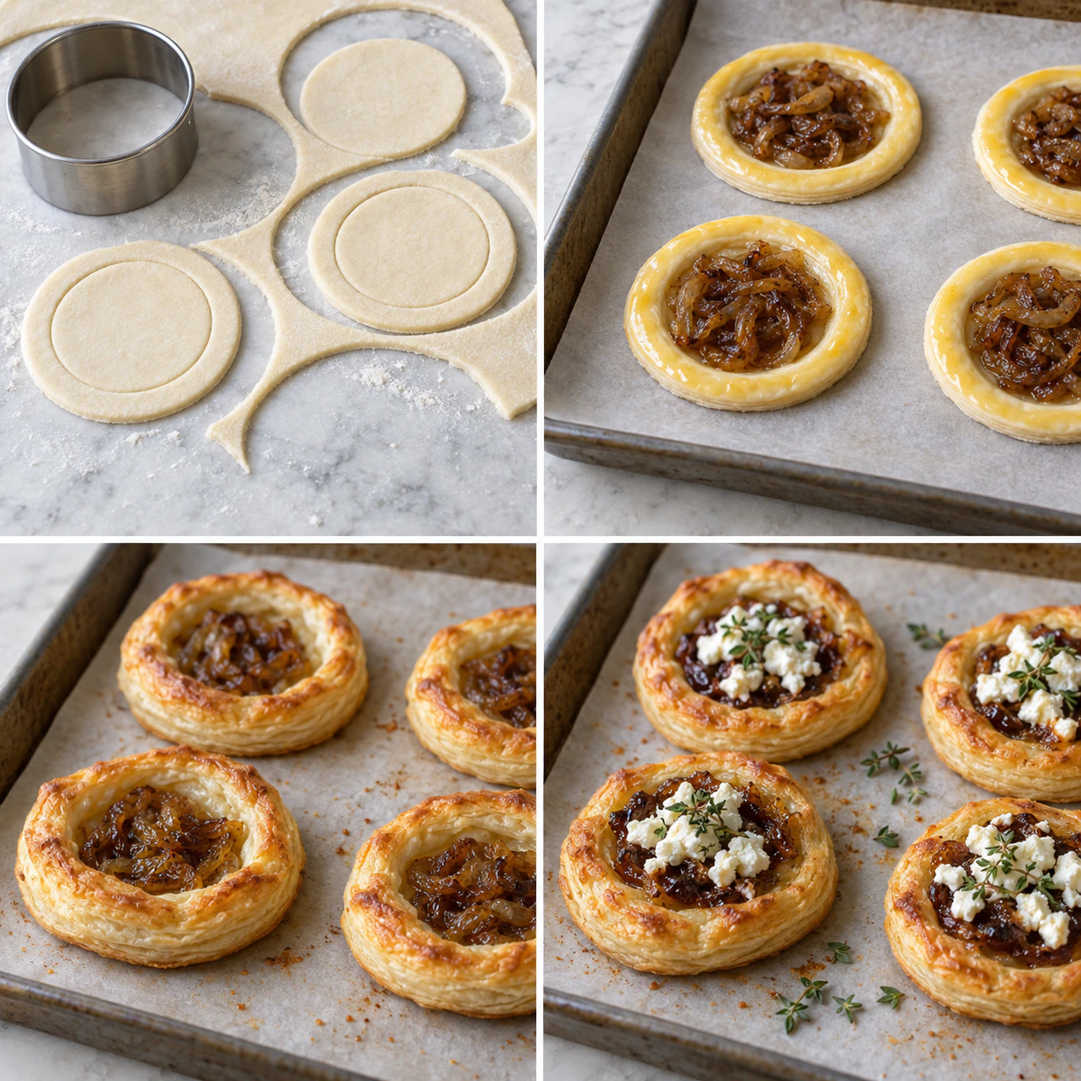 Four chronological preparation stages for Goat Cheese and Fig Puff Pastry Tarts