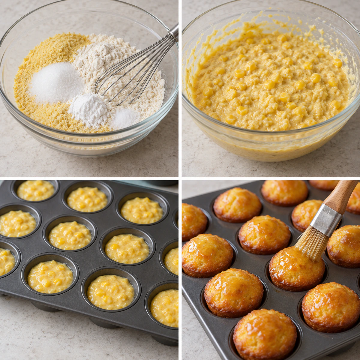 Four chronological preparation stages for Honey Butter Cornbread Poppers