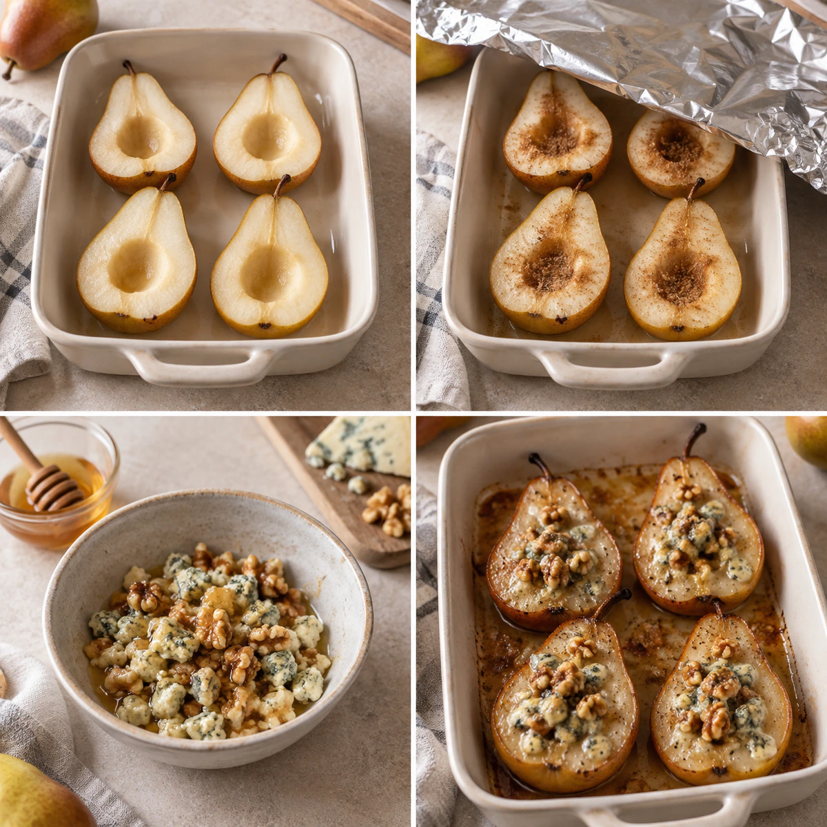 Four chronological preparation stages for Sweet Savory Pears