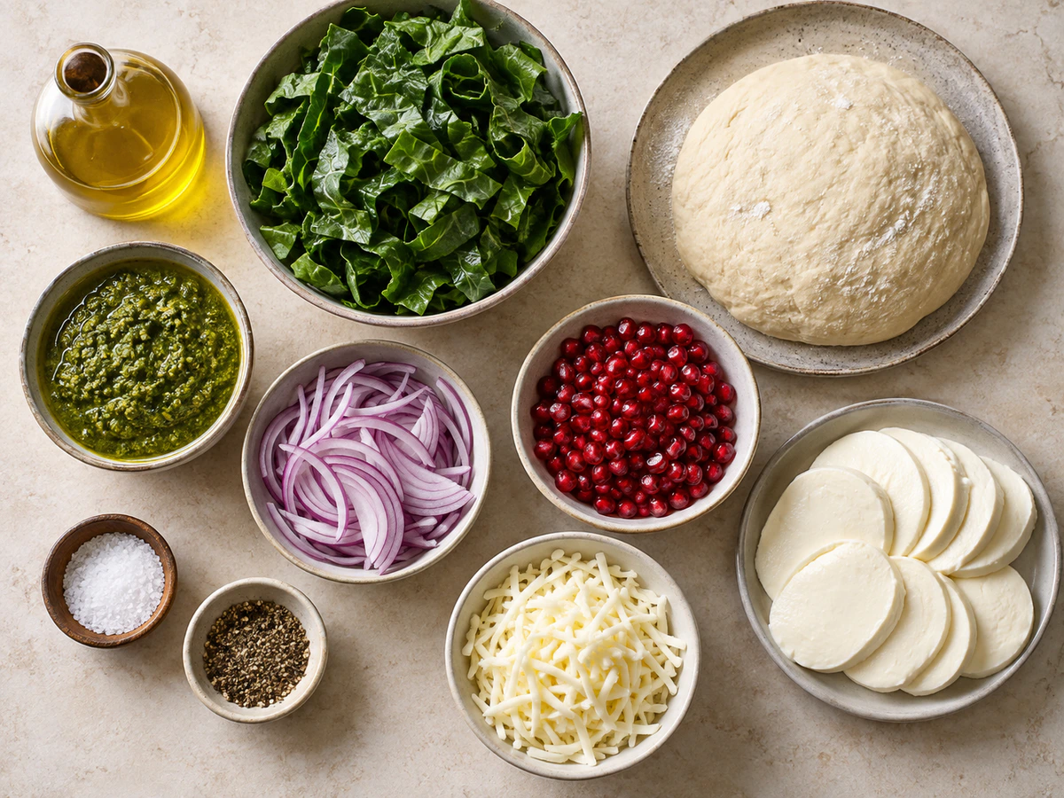 Exact measured ingredients for Winter Greens and Pomegranate Pizza