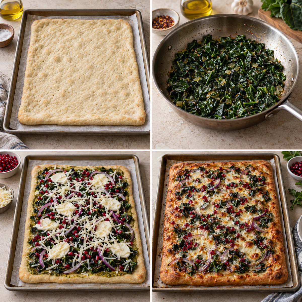 Four chronological preparation stages for Winter Greens and Pomegranate Pizza