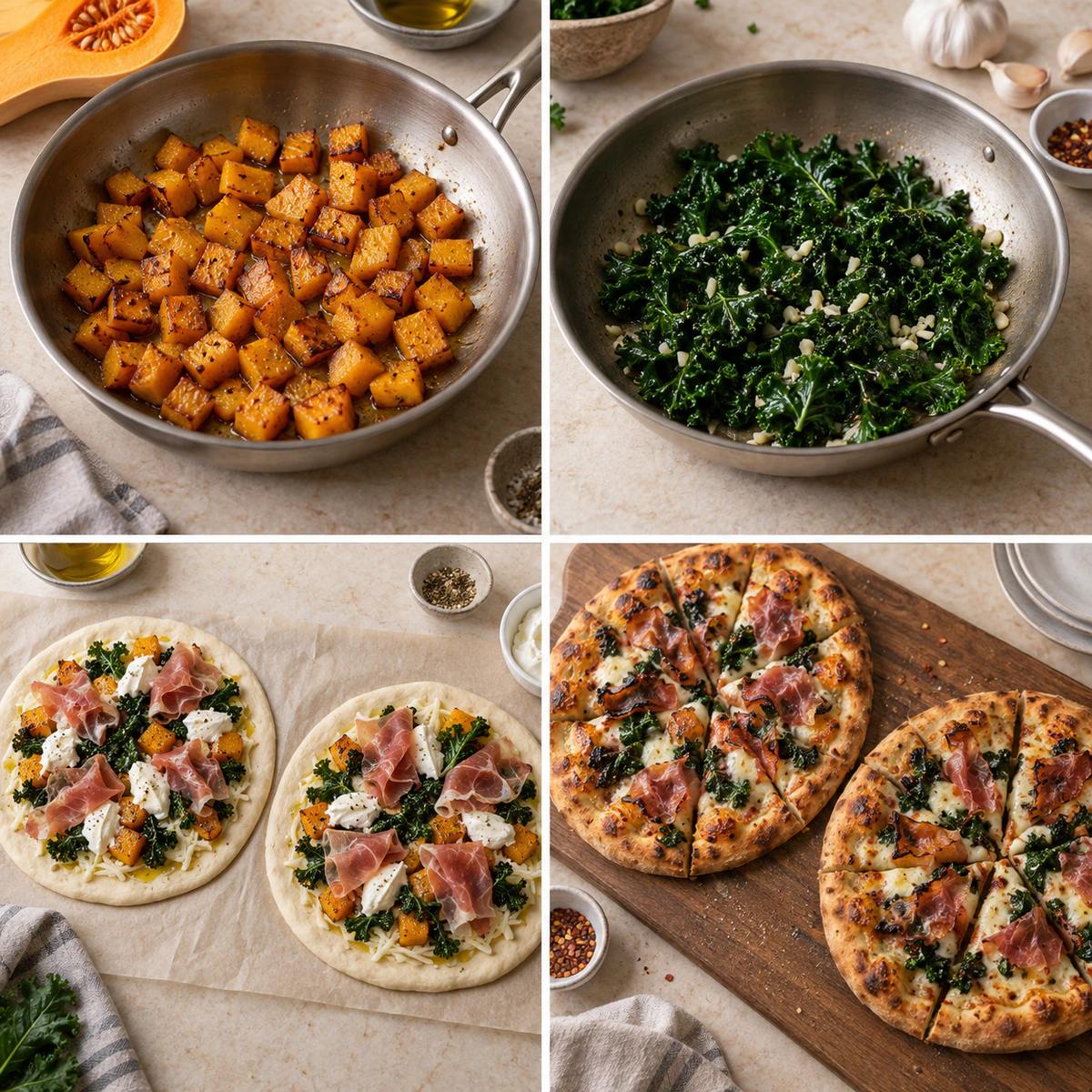Four chronological preparation stages for Winter Squash & Prosciutto Pizza