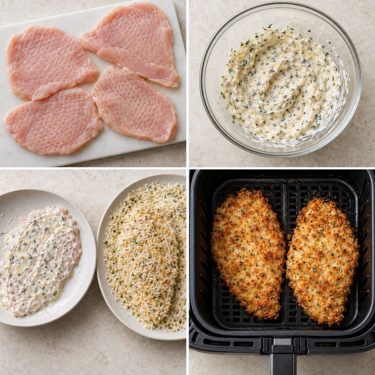 Four chronological preparation stages for Air Fryer Parmesan Crusted Chicken