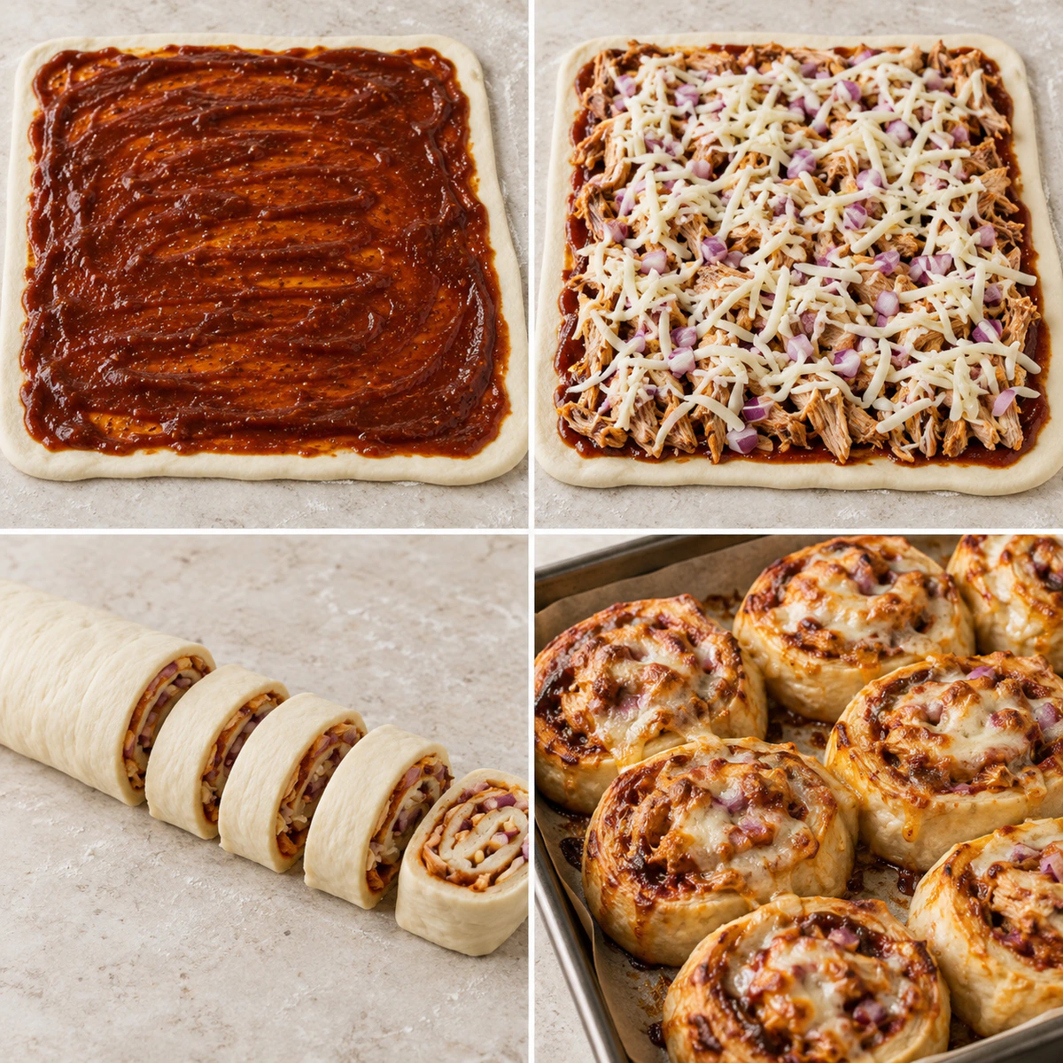 Four chronological preparation stages for BBQ Chicken Roll-Ups