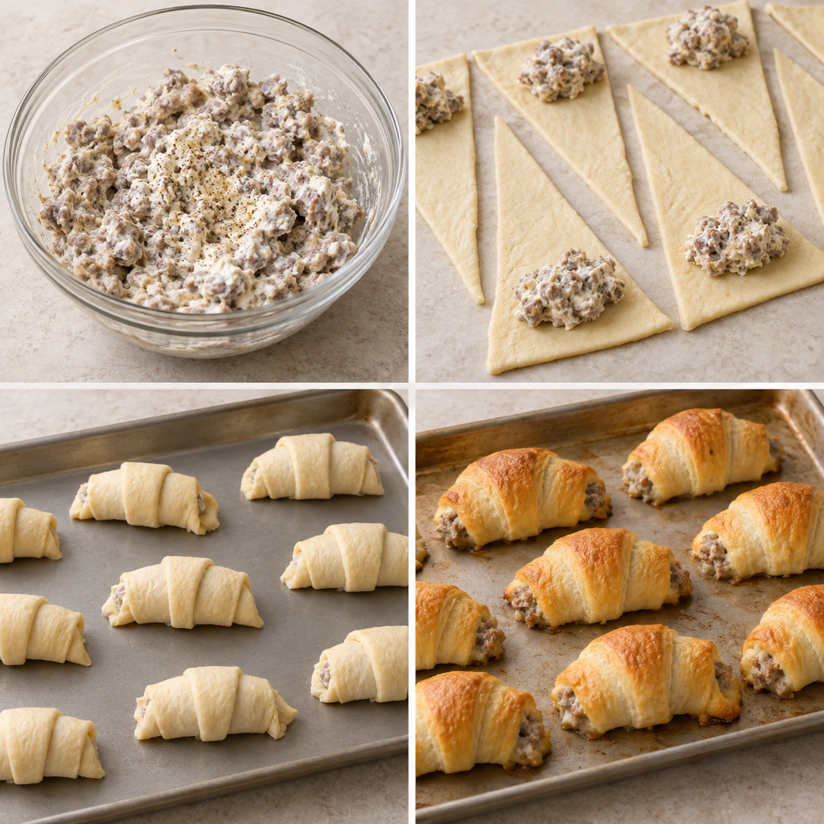 Four chronological preparation stages for Sausage Cream Cheese Crescents