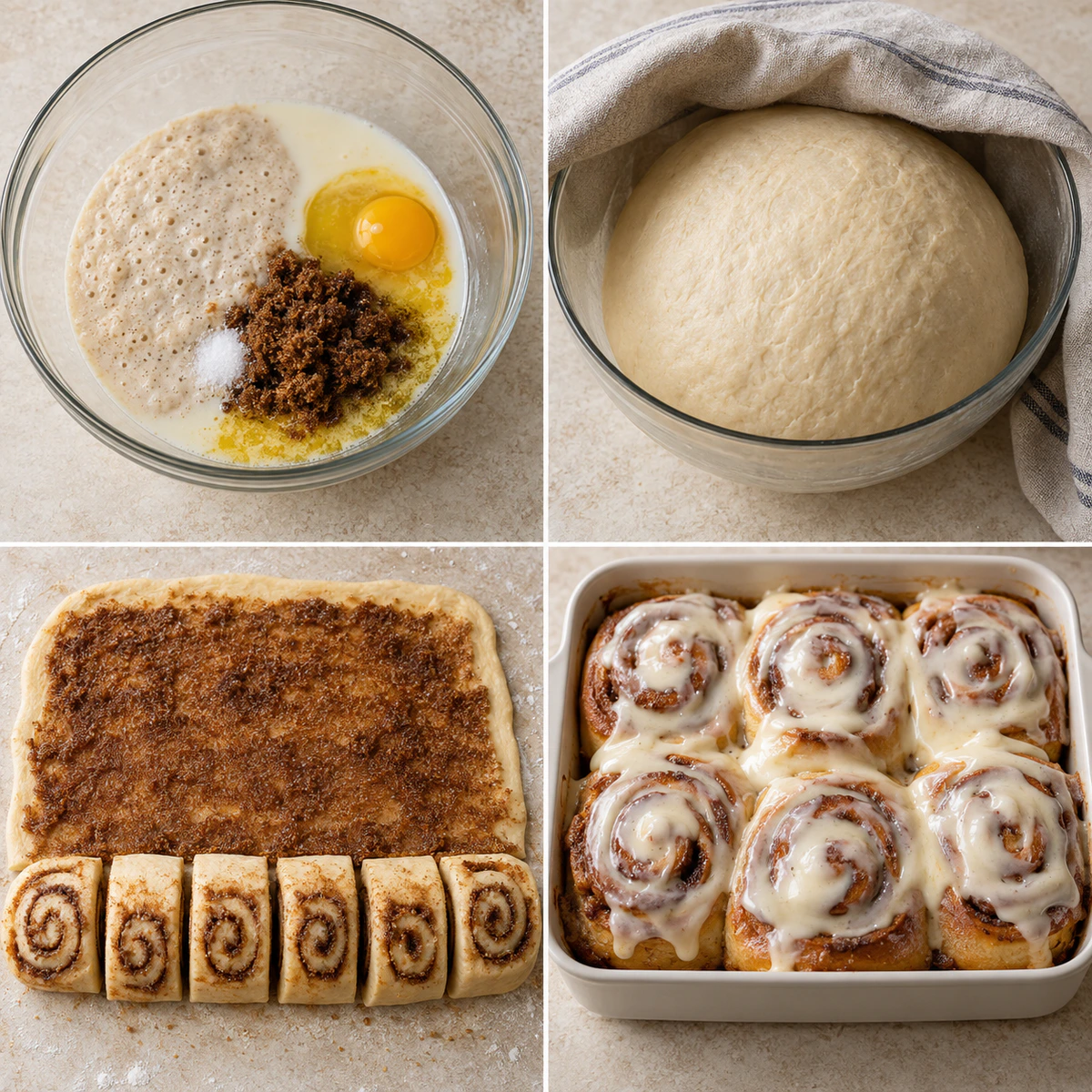 Four chronological preparation stages for Soft and Fluffy Sourdough Cinnamon Rolls
