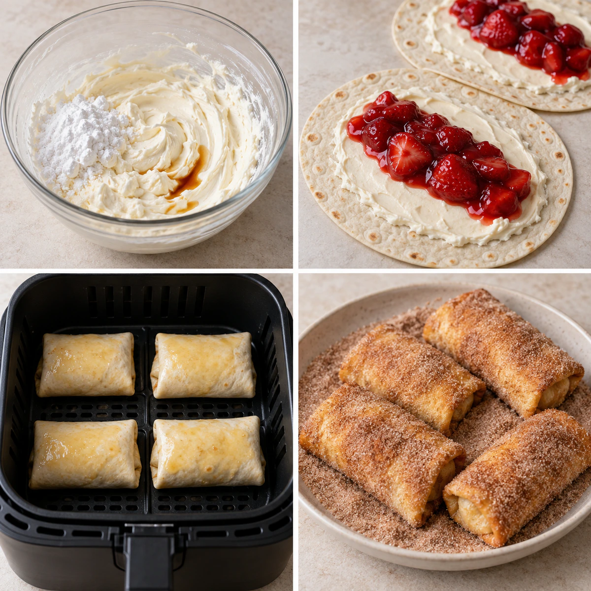 Four chronological preparation stages for Strawberry Air Fryer Cheesecake Chimichangas