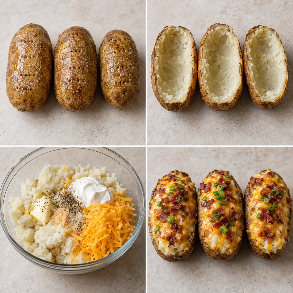 Four chronological preparation stages for Air Fryer Twice Baked Potatoes