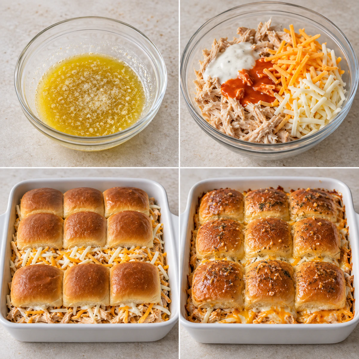 Four chronological preparation stages for Buffalo Chicken Sliders