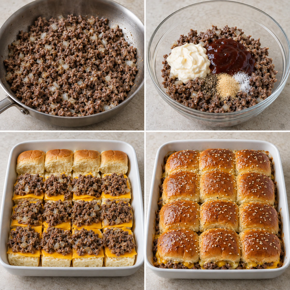 Four chronological preparation stages for Cheeseburger Sliders with Hawaiian Rolls