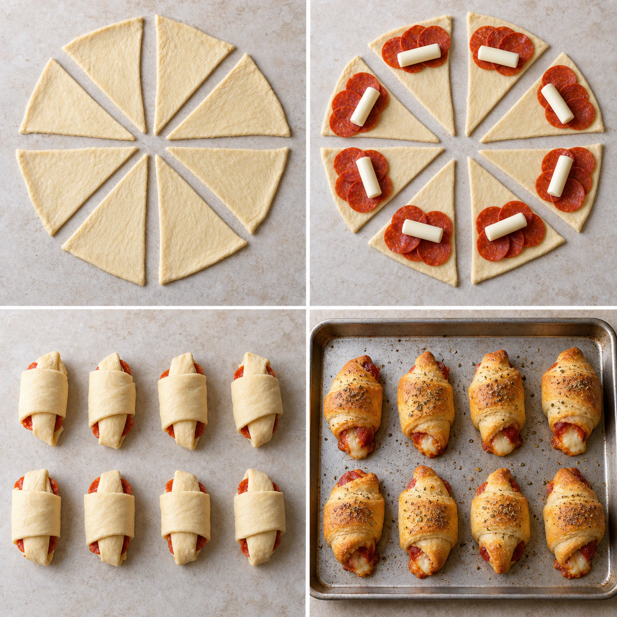 Four chronological preparation stages for Mozzarella Pepperoni Croissant Rolls