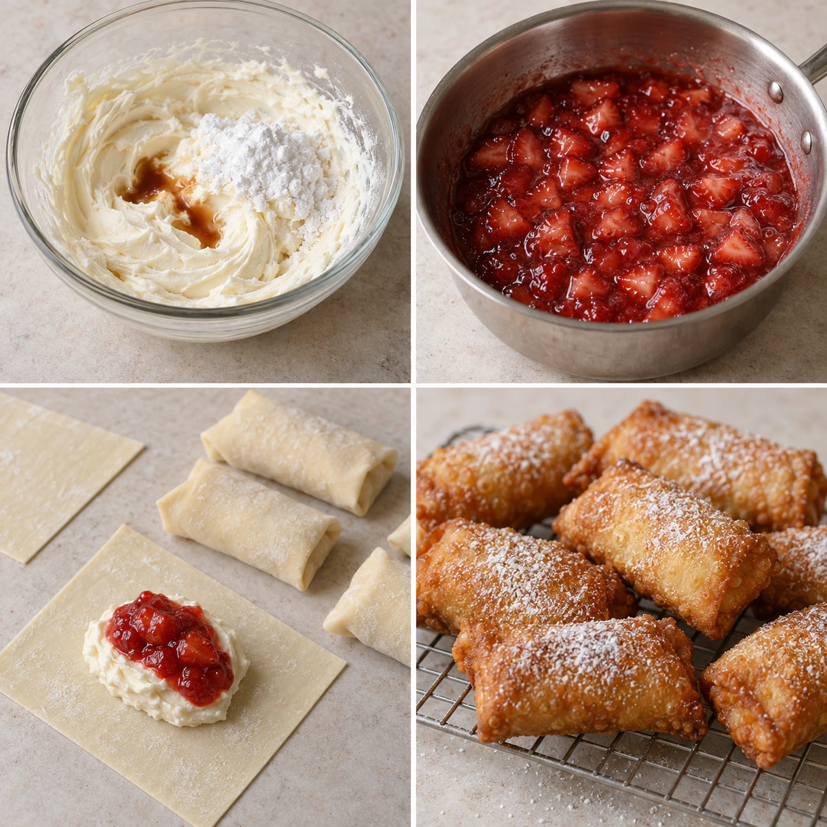 Four chronological preparation stages for Strawberry Cheesecake Eggroll Bites