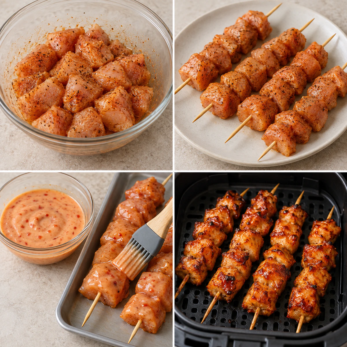 Four chronological preparation stages for Bang Bang Chicken Skewers