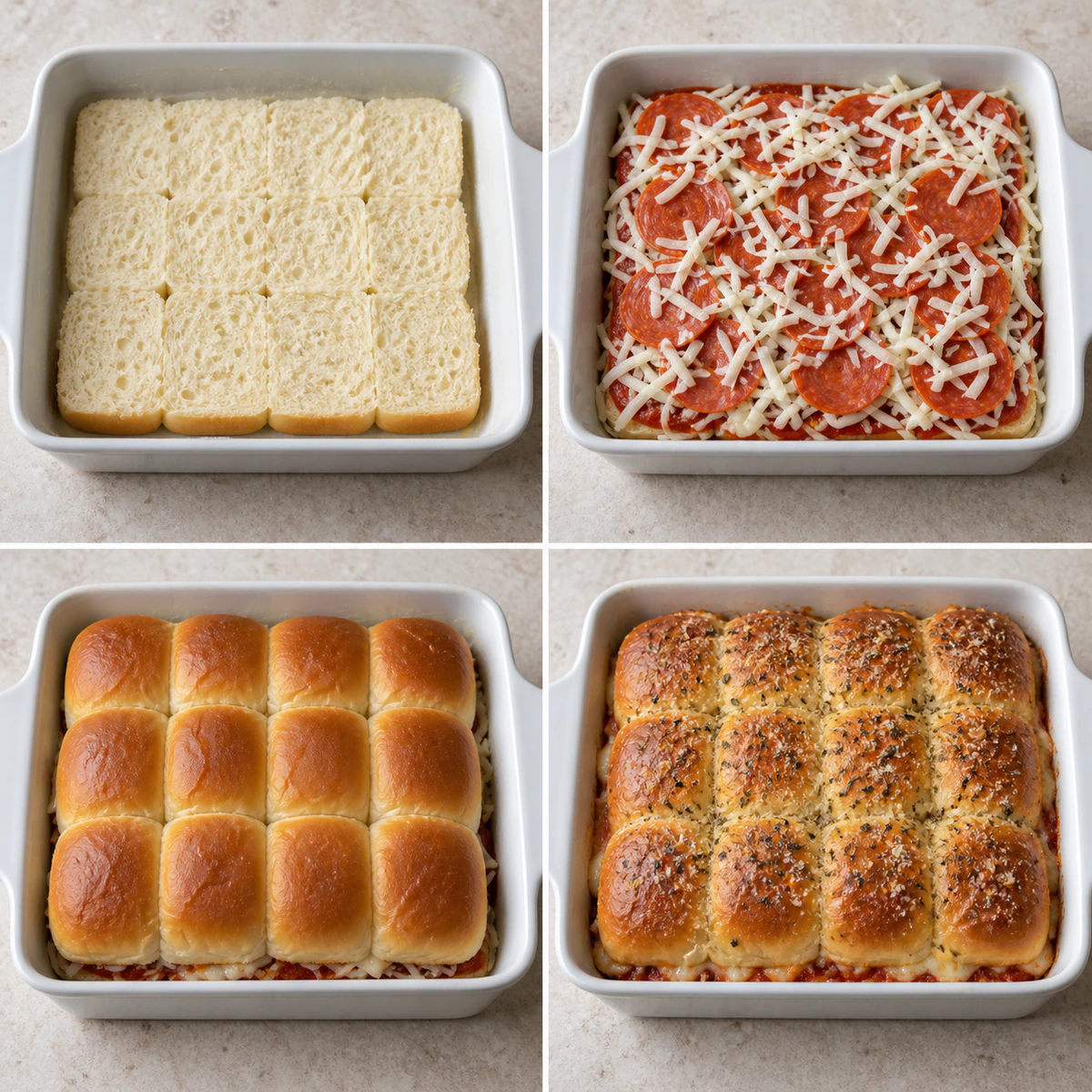 Four chronological preparation stages for Game Day Cheesy Pizza Sliders