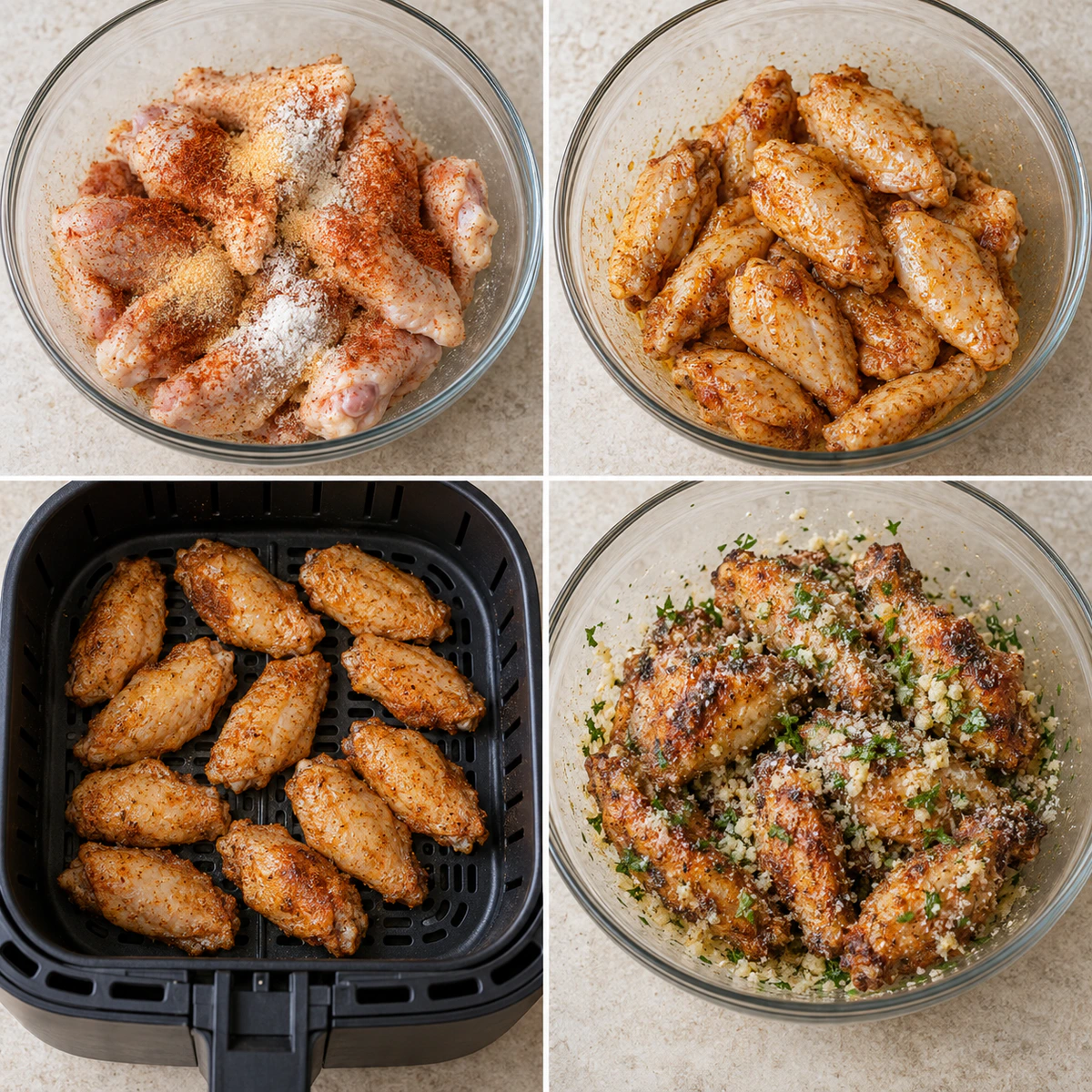 Four chronological preparation stages for Garlic Parmesan Wings Air Fryer