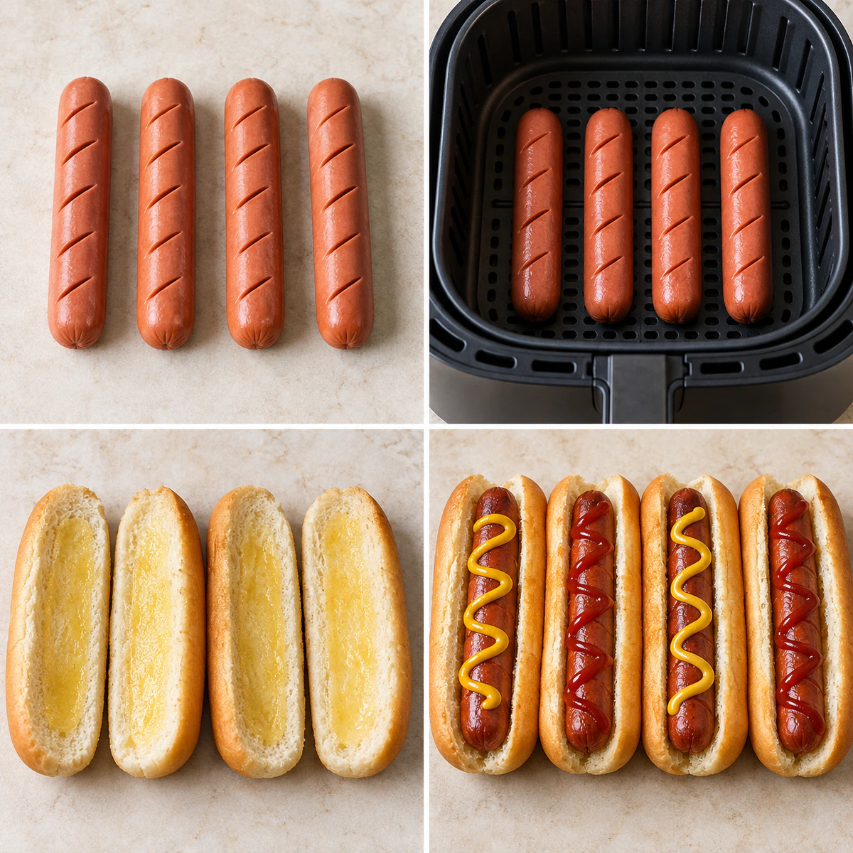 Four chronological preparation stages for Quick Air Fryer Dogs