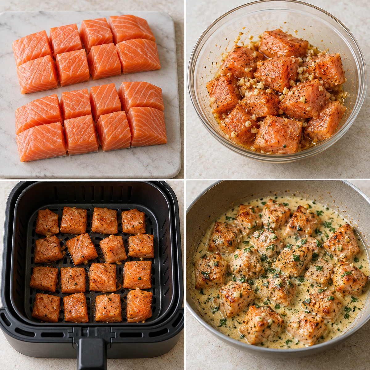 Four chronological preparation stages for Air Fryer Salmon Bites