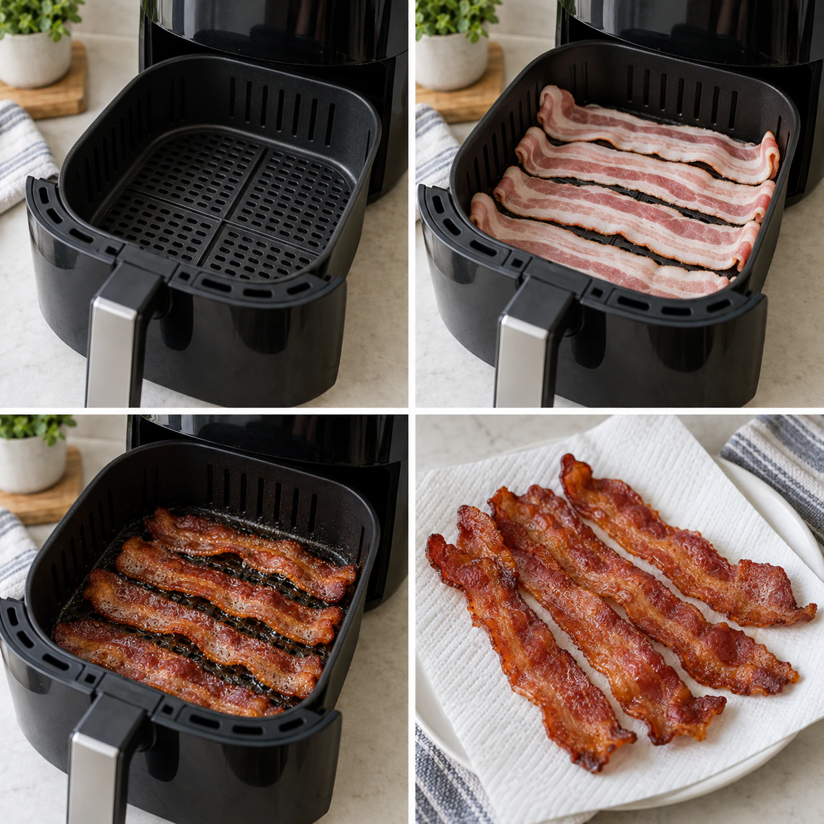 Four chronological preparation stages for Air Fryer Bacon