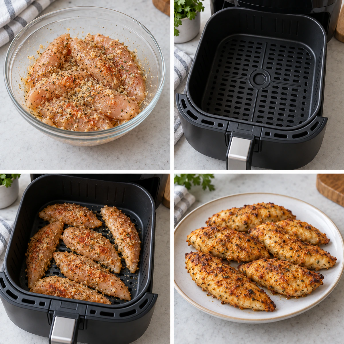 Four chronological preparation stages for Air Fryer Chicken Tenderloins