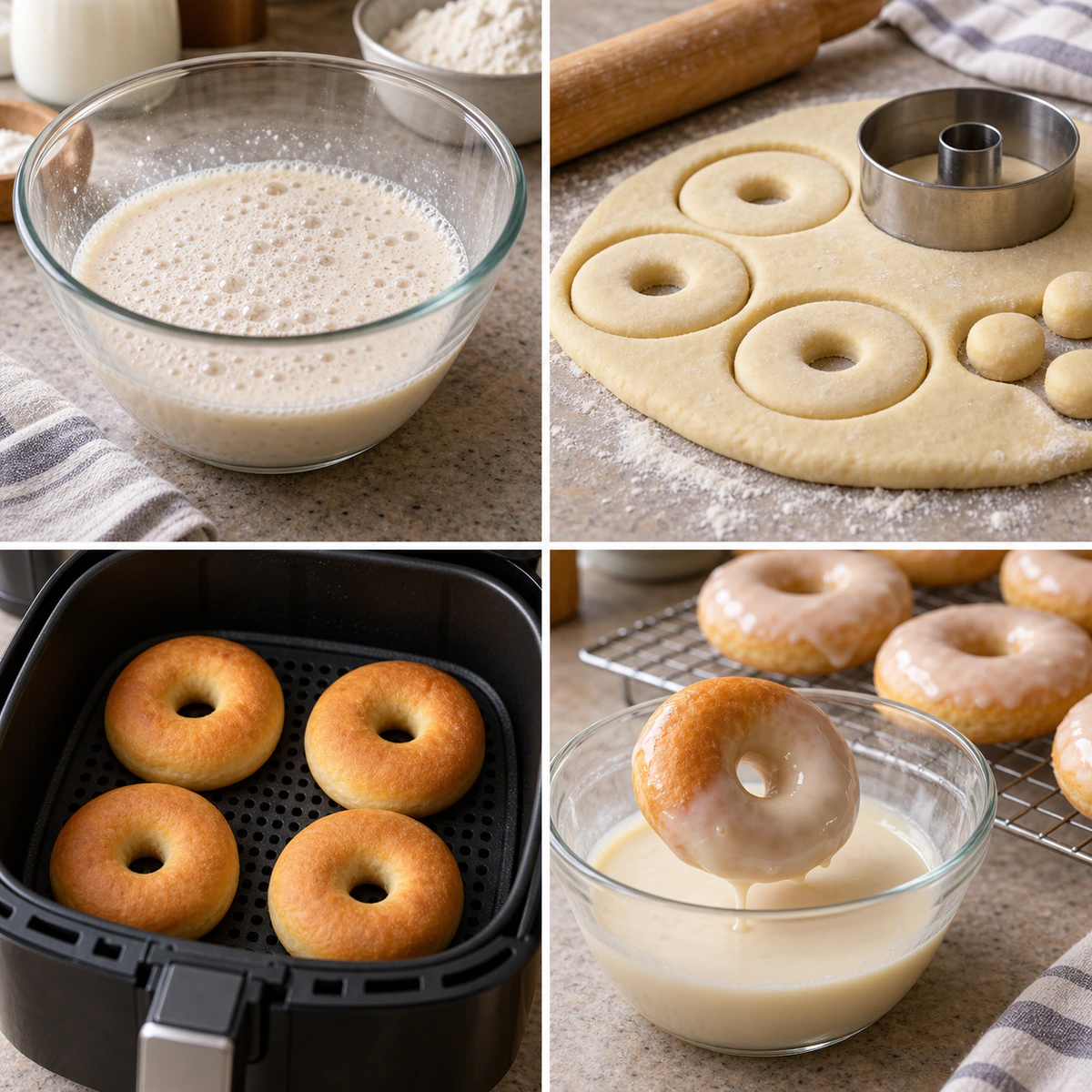 Four chronological preparation stages for Air Fryer Donuts