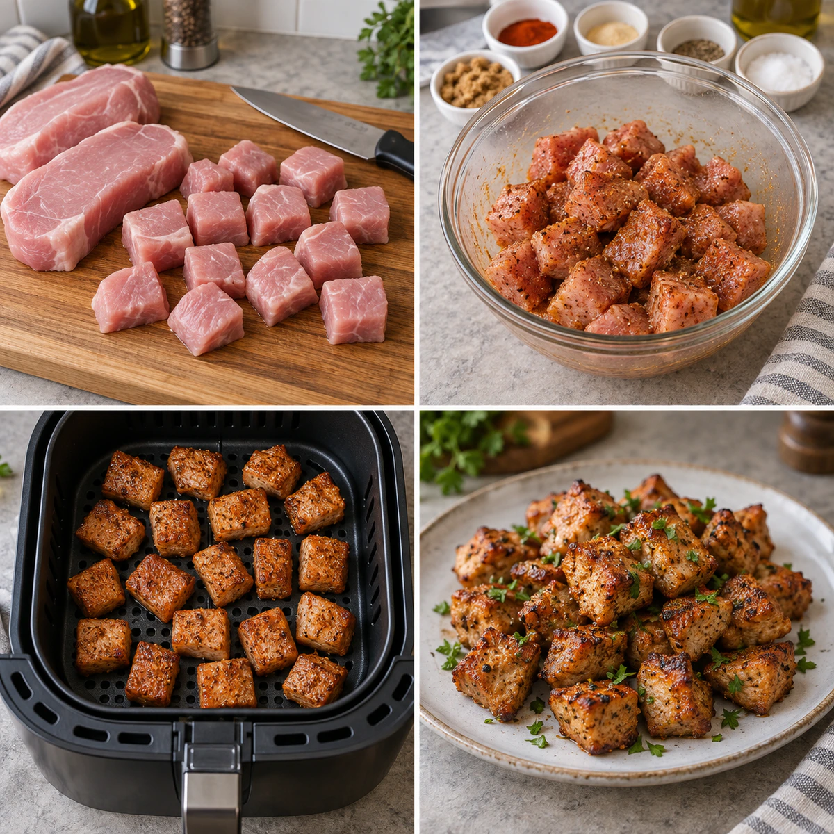 Four chronological preparation stages for Air Fryer Pork Chop Bites