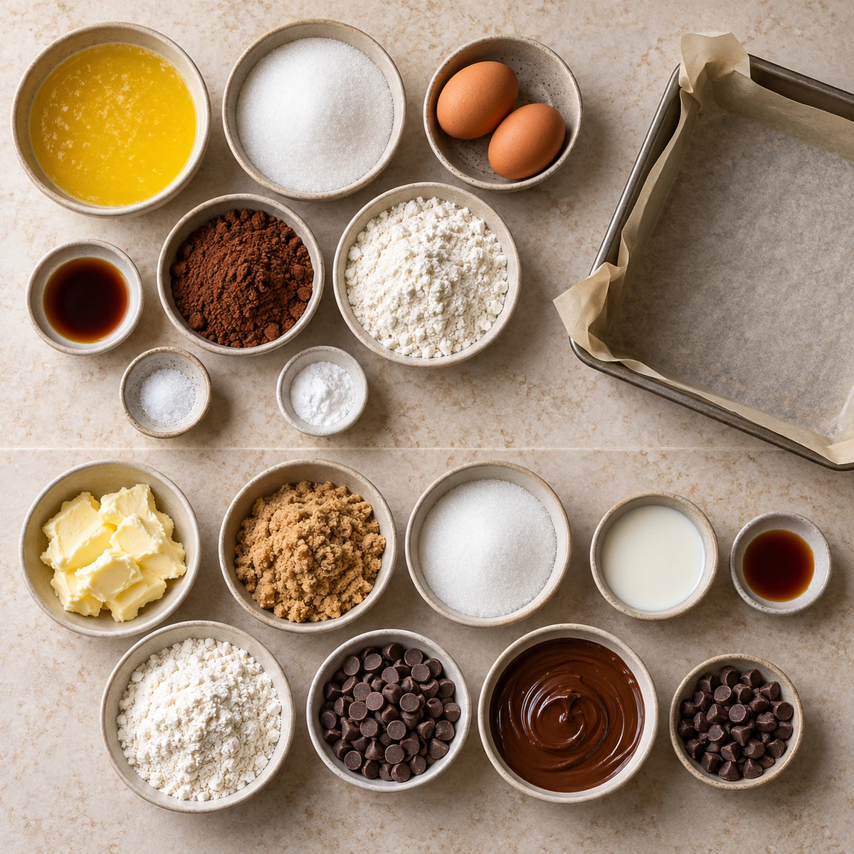 Exact measured ingredients for Chocolate Chip Cookie Dough Brownie Bites