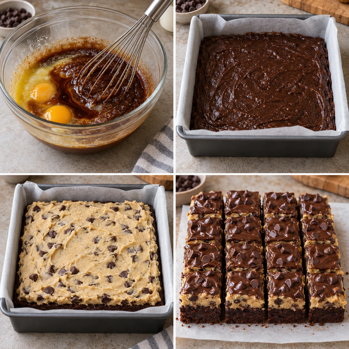 Four chronological preparation stages for Chocolate Chip Cookie Dough Brownie Bites
