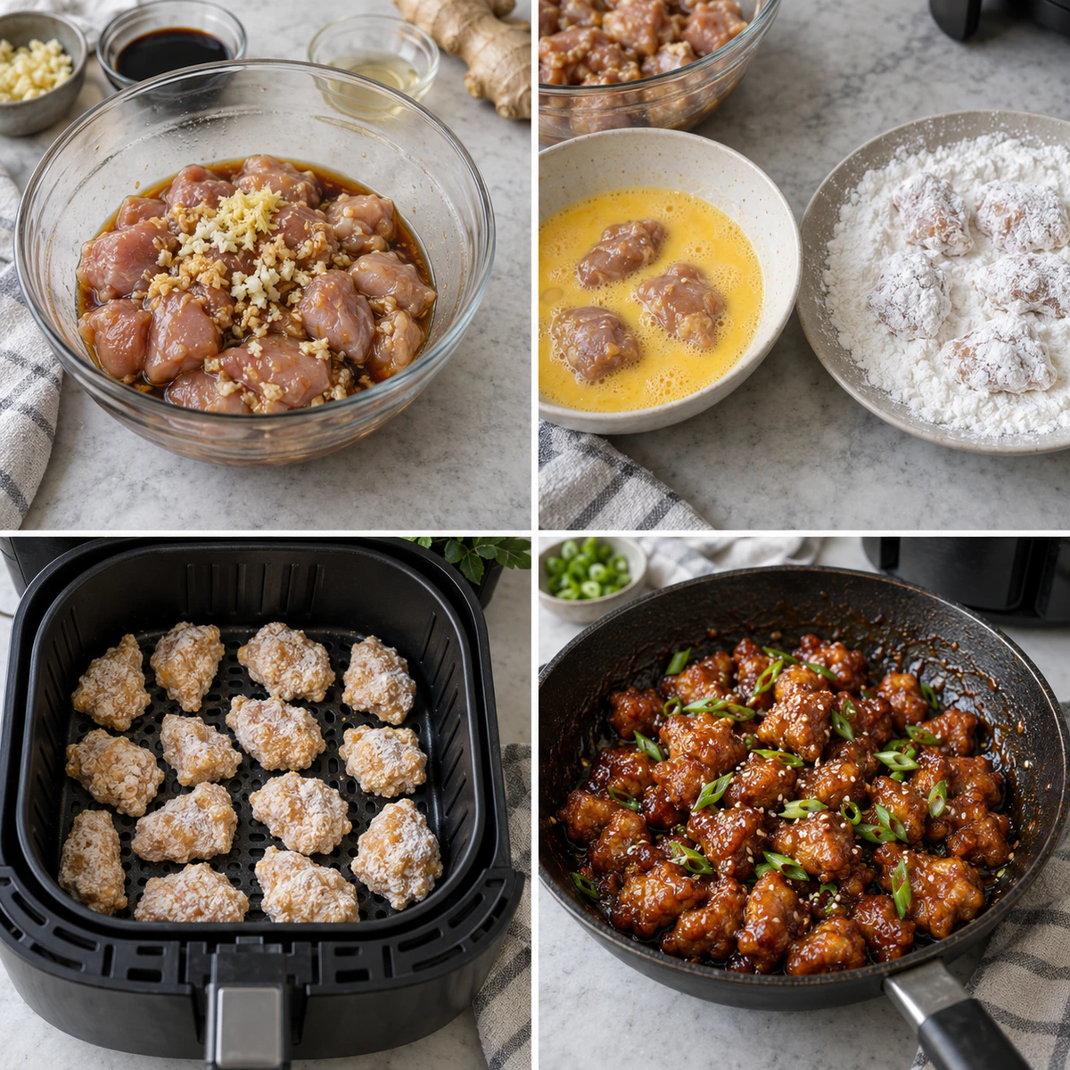 Four chronological preparation stages for Air Fryer General Tso's Chicken