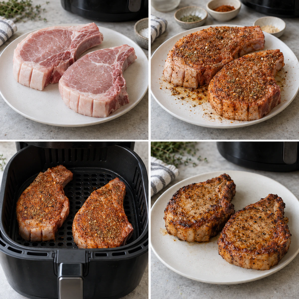 Four chronological preparation stages for Air Fryer Pork Chops