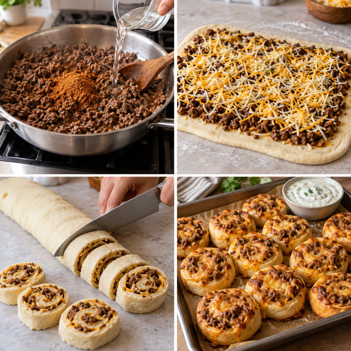 Four chronological preparation stages for Cheesy Taco Pinwheels