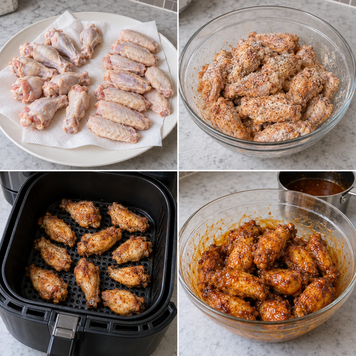Four chronological preparation stages for Hot Honey Chicken Wings