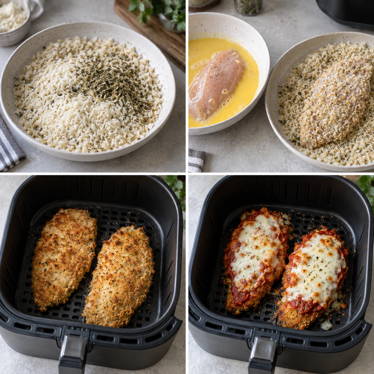 Four chronological preparation stages for Air Fryer Chicken Parmesan