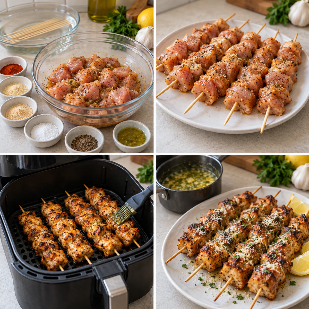 Four chronological preparation stages for Air Fryer Garlic Parmesan Chicken Skewers