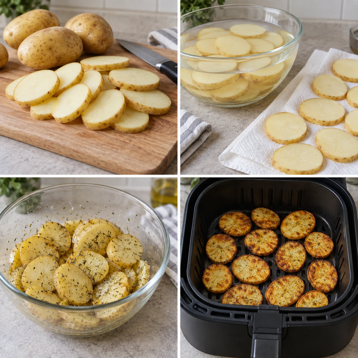 Four chronological preparation stages for Air Fryer Sliced Potatoes