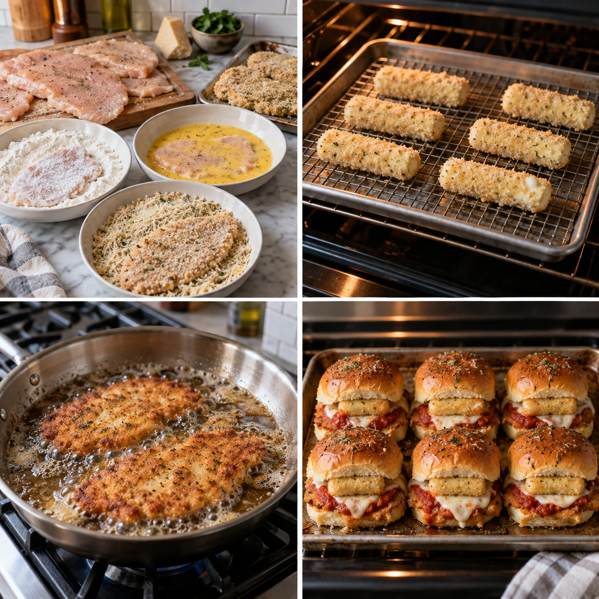 Four chronological preparation stages for Chicken Parmesan Sliders