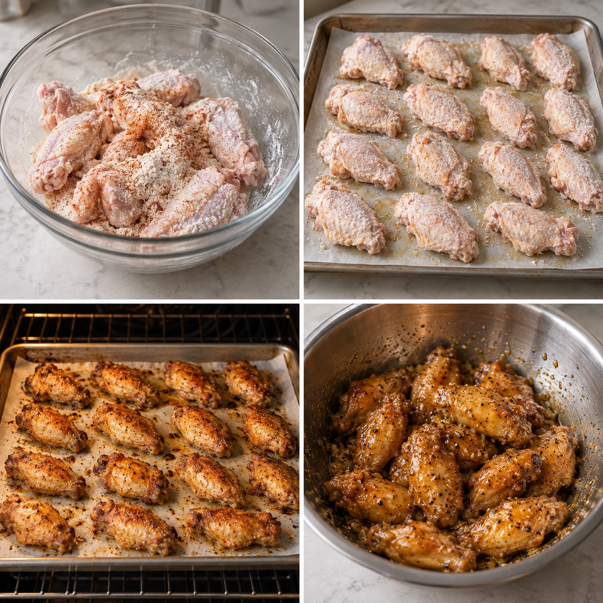 Four chronological preparation stages for Honey Lemon Pepper Wings