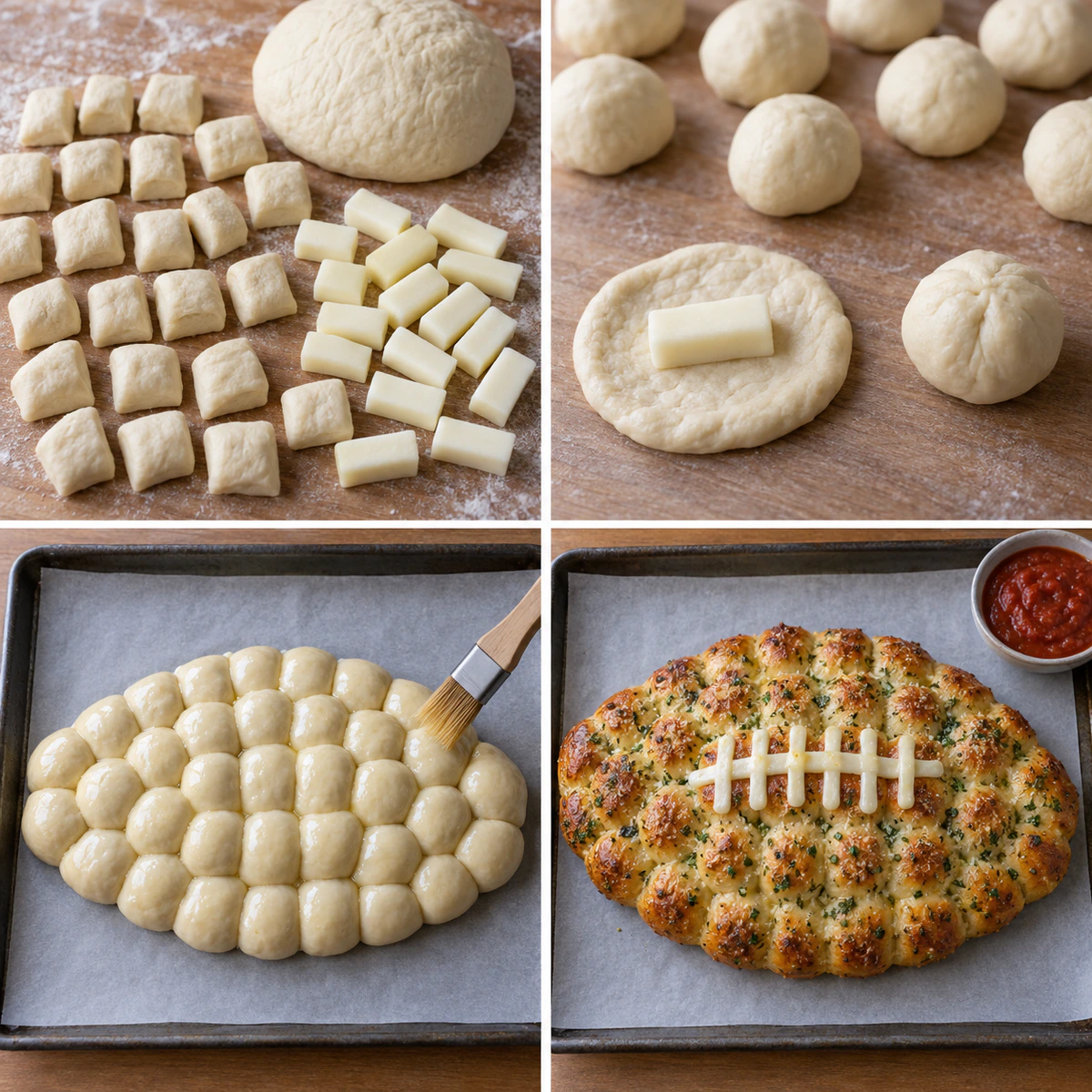 Four chronological preparation stages for Cheesy Stuffed Garlic Bread Rolls
