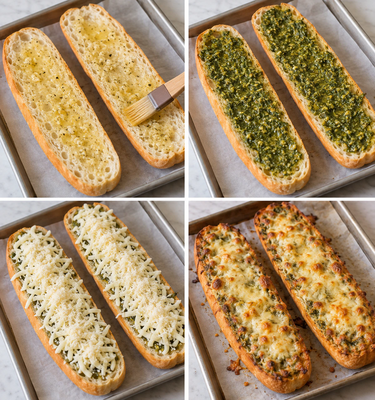 Four chronological preparation stages for Pesto Garlic Bread