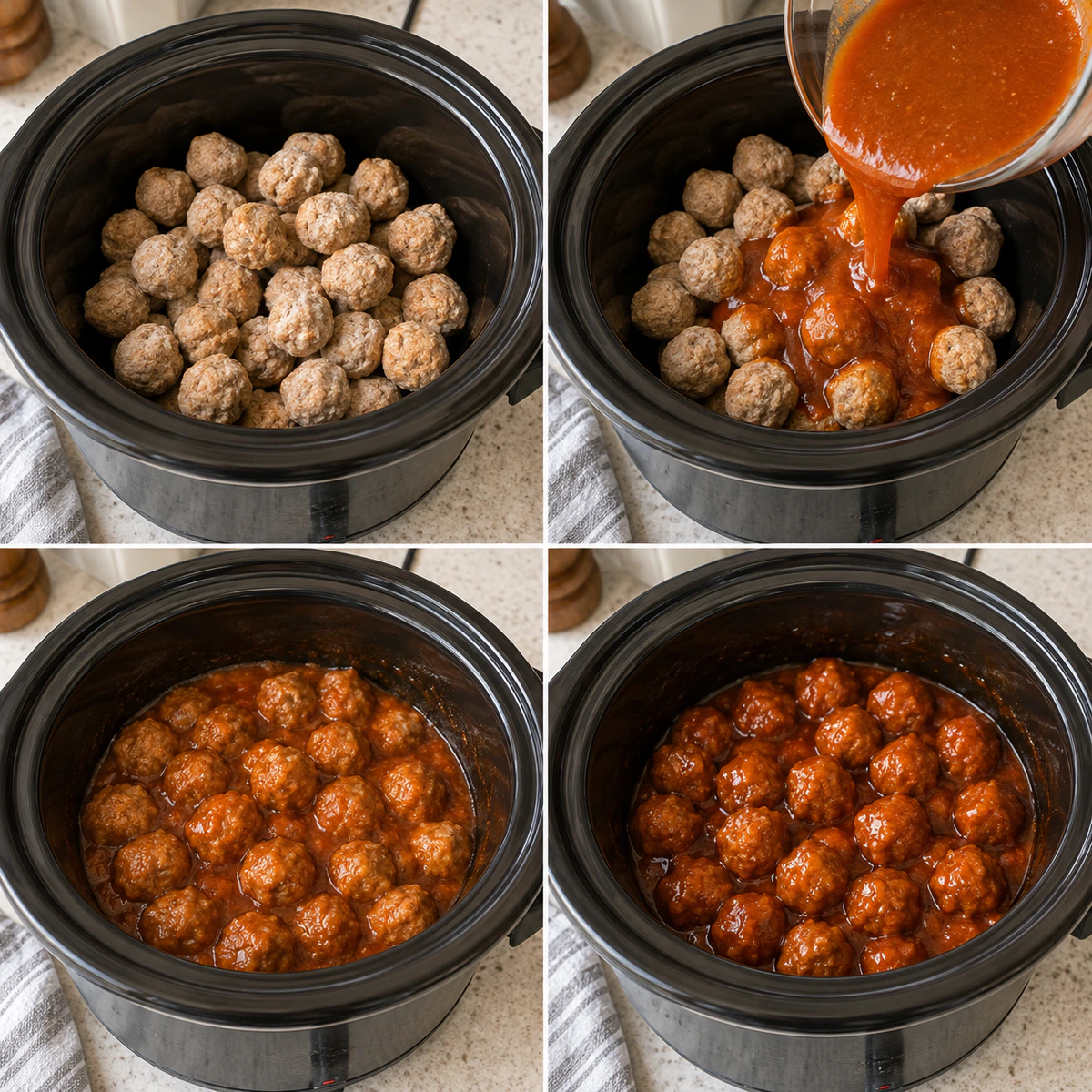 Four chronological preparation stages for Sweet Spicy Meatballs