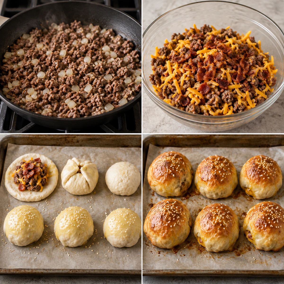 Four chronological preparation stages for Bacon Cheeseburger Bombs