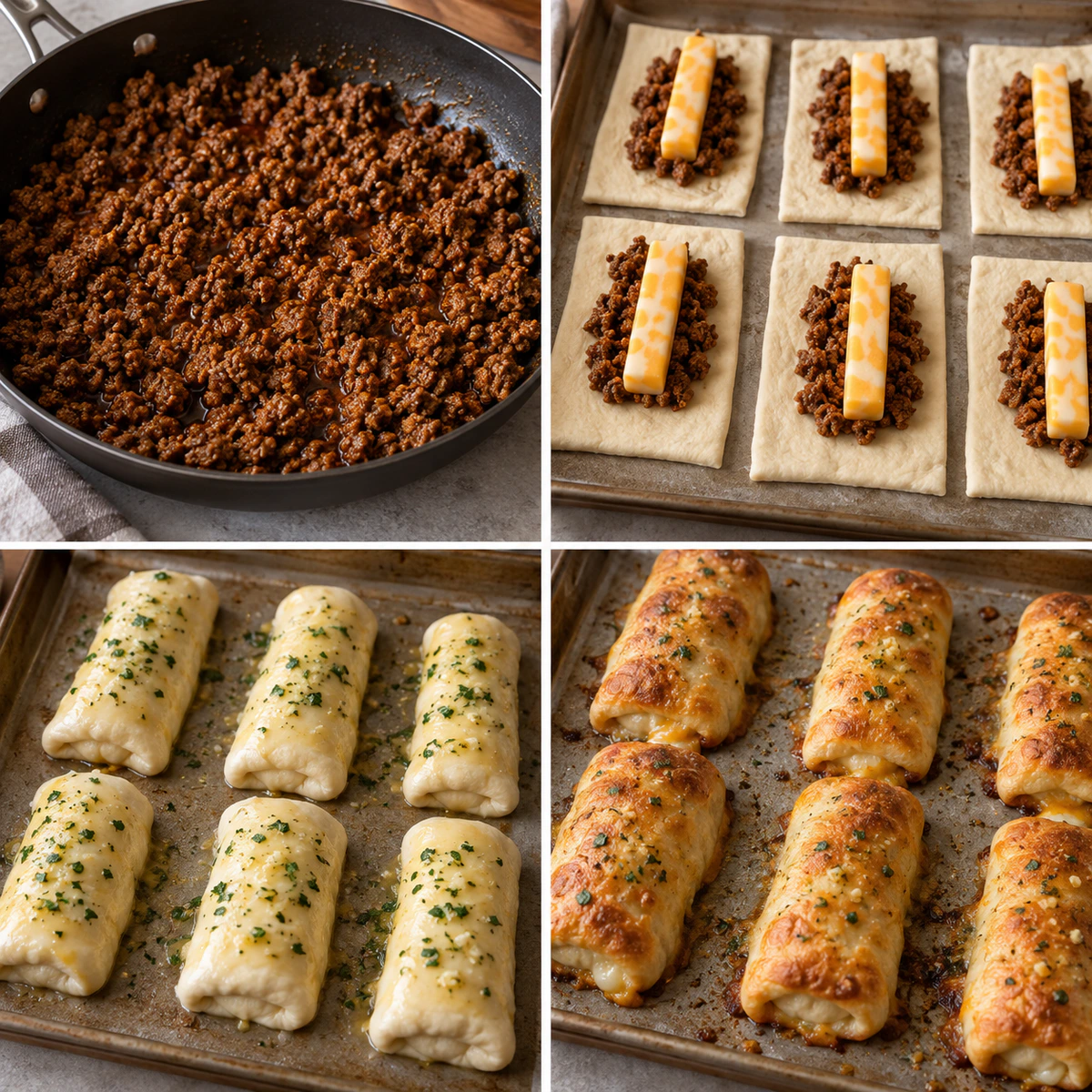 Four chronological preparation stages for Cheesy Taco Sticks