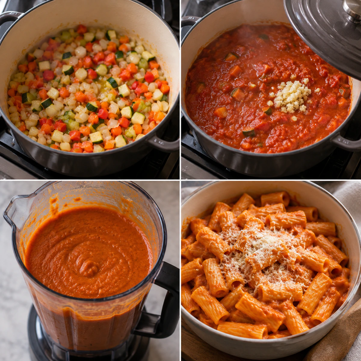 Four chronological preparation stages for Hidden Veggie Pasta Sauce